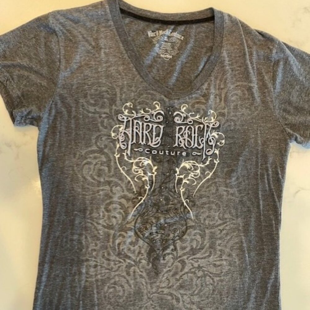 Vintage Hard Rock Cafe Couture Hollywood Ladies gray t-shirt with guitar graphic